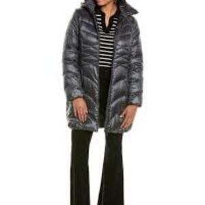 Via Spiga Swirl Down Charcoal Puffer Coat Size M Full Zip Hooded Long Quilted